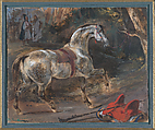 Startled Arabian Horse in a Landscape, Eugène Delacroix (French, Charenton-Saint-Maurice 1798–1863 Paris), Watercolor and gouache with gum arabic on paper
